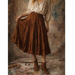 Coldwater Creek Midi Skirt Chocolate Brown M Petite Artsy Lagenlook Suede-Like